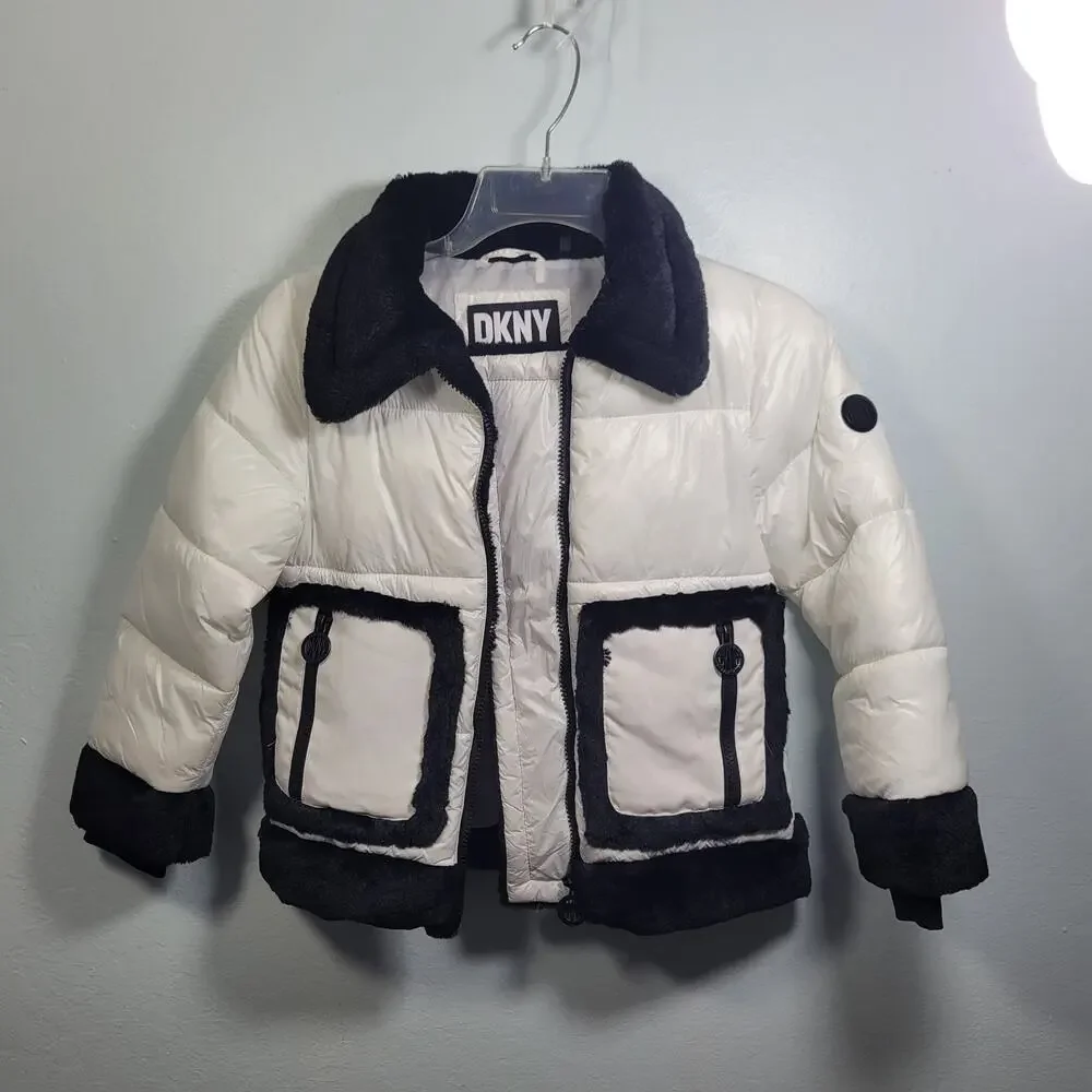 DKNY Girls White Trimmed in Black Faux Fur Puffer Crop Jacket Size 5/6 42026-37
